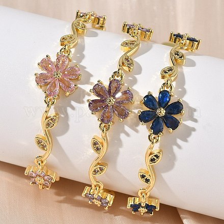Браслеты-цепочки с цветами и листьями из латуни с микропаве из кубических цирконий для женщин BJEW-G764-03G-1