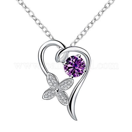Silver Plated Brass Cubic Zirconia Heart with Flower Pendant Necklaces NJEW-BB06045-C-1