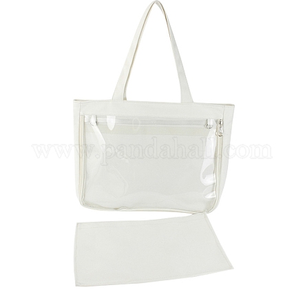 キャンバスショルダーバッグ  長方形の女性のハンドバッグ  ジッパーロックと透明なPVCウィンドウ付き。  ホワイト  31x37x8cm ZXFQ-PW0001-016A-1