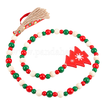 GORGECRAFT Christmas Wood Bead Garland Tassel Green Red Wooden Beads Wall Hanging with Jute Rope Xmas Tree Tassel Rustic Farmhouse Christmas Tiered Tray Decorations for Holiday Ornaments Decor HJEW-WH0042-09-1