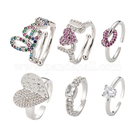 6Pcs 6 Style Brass Micro Pave Cubic Zirconia Solitaire Rings RJEW-LS0001-13P-1