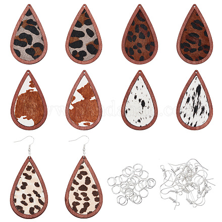 OLYCRAFT 60Pcs Teardrop Cow Print Earring Leopard Leather Wood Earring Pendant Cowhide Leather Earrings Wooden Earring Making Kit with Earring Hooks and Jump Rings for Women Earring Jewelry Making DIY-OC0009-80-1