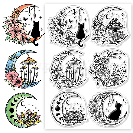 CHGCRAFT Flowers Moon Clear Stamps Black Cat Silicone Stamps Moon Background Transparent Stamps for Card Making DIY Scrapbooking Photo Album Decoration DIY-WH0618-0069-1