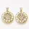 Brass Micro Pave Cubic Zirconia Pendants, Flat Round with Bird, Colorful, Golden, 21.5x18.5x2mm, Hole: 3x4mm