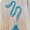 Dyed Synthetic Turquoise Mala Prayer Round Beaded Wrap Necklaces with Long Tassel and Metal Tree of Life, for Yoga Meditation, Platinum, Turquoise, 40.16 inch(102cm)