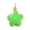 Rack Plating Brass Enamel Charms, with Jump Rings, Cadmium Free & Lead Free, Real 18K Gold Plated, Flower, Lime, 14.5x12x1.3mm, Hole: 3.3mm