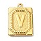 Ion Plating(IP) 304 Stainless Steel Pendants, Rectangle with Letter Charm, Real 18K Gold Plated, Letter V, 24.5x18x3mm, Hole: 1.8mm