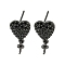Rack Plating Brass Micro Pave Black Cubic Zirconia Stud Earring Finding, Cadmium Free & Lead Free, Long-Lasting Plated, Heart, Black, 10x9mm, Pin: 11x1mm