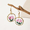 Alloy Epoxy Dried Flower Dangle Earrings, with Steel Pins, Flat Round, Golden, Hot Pink, 41x21mm