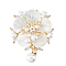 1Pc Natual Shell Flower Safety Pin Brooch with Clear Cubic Zirconia, Light Gold Brass Floral Badge for Backpack Clothes, White, 57x45x20mm