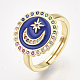 調節可能な真鍮製マイクロパヴェジルコニア製指輪  エナメル  月と星とフラットラウンド  ブルー  サイズ7  17mm RJEW-S044-035A-1