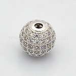 CZ Brass Micro Pave Grade AAA Clear Color Cubic Zirconia Round Beads, Cadmium Free & Nickel Free & Lead Free, Platinum, 12mm, Hole: 2mm