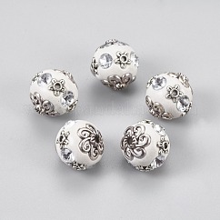 Abalorios de indonesia hecho a mano, con rhinestone de cristal y fornituras metálicos, redondo, plata antigua, blanco, 15.5~17x16~17mm, agujero: 2 mm