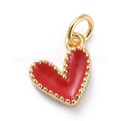 Ciondoli in smalto, con accessori di ottone,  cadmio& piombo libero, cuore, vero placcato oro 18k, rosso, 9x7x2.5mm, Foro: 2.5 mm