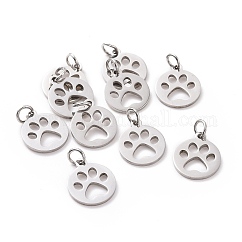 Pendentifs en acier inoxydable 304 anti-ternissement, Rond plat avec empreinte de patte de chien, couleur inoxydable, 14x12x1.1mm, Trou: 4mm