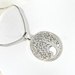 201 Edelstahl-Halsketten mit Lebensbaum-Anhänger und Kristall-Strass für Damen&nbsp;NJEW-P327-03P