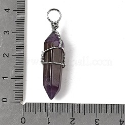 天然アメジストの両端が尖ったペンダント  真鍮製のペンダントのセッティングで  多面カット  弾丸  白金金属色  35~45x10~13mm  穴：3mm&nbsp;X-G-J062-02P