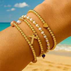 4 шт. Набор эластичных браслетов в богемном пляжном стиле с круглыми латунными бусинами в форме сердца&nbsp;ZQ1331-1