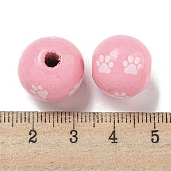 プリントウッドヨーロピアンビーズ  足跡模様で丸い  ピンク  15.5~16mm  穴：4~4.5mm&nbsp;WOOD-G022-09C
