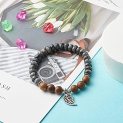 Bracelet extensible en perles de bois de labradorite naturelle et de wengé reiki&nbsp;BJEW-JB06896-02