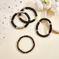 4 個 4 スタイル アクリル分厚いカーブチューブ ストレッチ ブレスレット セット  ポリマークレイとガラスビーズの積み重ね可能な女性用ブレスレット  ブラック  内径：2-1/8インチ（5.3cm）  1個/スタイル&nbsp;BJEW-SW00074-02