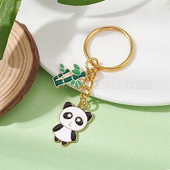 パンダ&竹合金エナメルペンダントキーホルダー  鉄のスプリットキーリング付き  ゴールドカラー  7.55cm&nbsp;KEYC-JKC00629-01