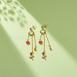 エナメル ハート ＆ ローズ ダングル スタッド ピアス  バレンタインデーのための金メッキ合金ロングタッセルドロップイヤリング  レッド  80mm  ピン：0.8mm&nbsp;EJEW-JE05041-02