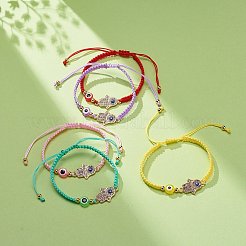 調節可能なナイロン糸コード編組ビーズブレスレット  ナザールボンジュウレジンビーズと合金ラインストーンハムサハンドビーズ付き  ミックスカラー  内径：2~3-3/8インチ（5.2~8.6cm）&nbsp;BJEW-JB08741-01