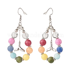 Плетеные серьги-капли из натуральных смешанных драгоценных камней с латунными подвесками в виде китового хвоста EJEW-JE04951-02