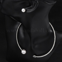 Orecchini rotondi in plastica con perle finte e set di collane girocollo con polsino a cuore in zirconia cubica e strass&nbsp;SJEW-U003-01P