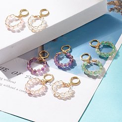 リングダングルフープピアス  女性のための天然＆合成混合石ラウンドビーズワイヤーラップドロップピアス  ゴールドカラー  35mm  ピン：0.8mm&nbsp;EJEW-JE04821