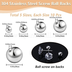 50個 5スタイル 304ステンレススチール製イヤーナット  丸いボールイヤーバック  ステンレス鋼色  3~8mm  穴：0.8~0.9mm  10個/スタイル&nbsp;STAS-BBC0005-46P
