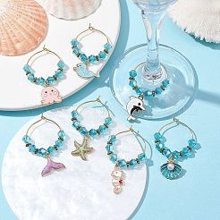海をテーマにした合金エナメルワイングラスチャーム  ガラスビーズと真鍮のチャームリング付き  混合図形  ミックスカラー  43~52mm&nbsp;AJEW-JO00238