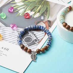 Bracelet extensible reiki jaspe naturel à pois bleus et perles de bois de wengé&nbsp;BJEW-JB06896-04