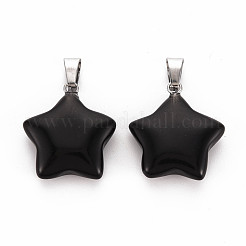 スター天然な黒の石のペンダント  プラチナトーンの真鍮パーツ  22~23x20~24x5~7mm  穴：2x7mm&nbsp;G-Q367-23