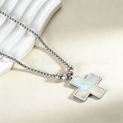 Collana con ciondolo a croce religiosa in conchiglia bianca naturale 304 e catena a maglie.&nbsp;WG48ADF-01