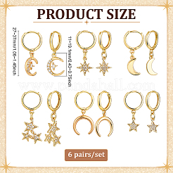 6 paio di orecchini a cerchio in ottone con micro pavé di zirconi cubici trasparenti&nbsp;EJEW-PH01464