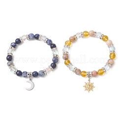 2個 2スタイル 304ステンレススチール＆真鍮製 太陽と月の星空モチーフ カップルブレスレットセット  天然石と合成石をミックスした丸型ビーズのストレッチブレスレット（女性用・男性用）  内径：2.13インチ（5.4cm）  1個/スタイル&nbsp;BJEW-TA00718
