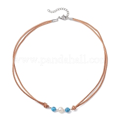 Женские ожерелья из цельной коровьей кожи с круглыми бусинами из синтетической бирюзы и натурального жемчуга&nbsp;NJEW-JN05828