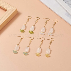 アクリルチューリップとガラスの葉のダングルイヤリング  女性用ゴールデン 304 ステンレススチール ジュエリー  ミックスカラー  63mm  ピン：0.7mm&nbsp;EJEW-JE05212