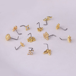 真鍮マイクロパヴェキュービックジルコニアL字型ノーズリング  316lステンレススチールピン付き  ノーズピンスタッドピアスジュエリー  クラウン  ゴールドカラー  7mm  ピン：0.8mm&nbsp;WGA70D4-23