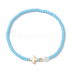 7 шт. эластичный браслет из стеклянного бисера с латунным крестиком и искусственным жемчугом&nbsp;BJEW-MZ00299