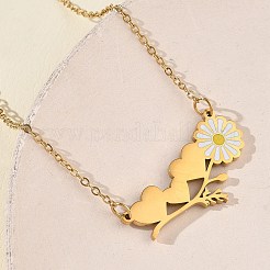 Collane da donna con catena a maglie e ciondolo a forma di margherita e cuore in acciaio inossidabile 304 smaltato bianco.&nbsp;NJEW-K309-01G