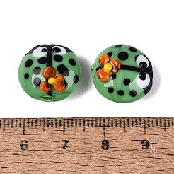 手作りランプワークビーズ  てんとう虫と花  ミディアムシーグリーン  15.5~16.5x9~11mm  穴：1.4~1.8mm&nbsp;LA-N050-05G