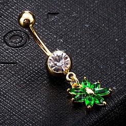 真鍮製キュービックジルコニアへそピアス  ベリーリング  304ステンレススチールバー付き  カドミウムフリー＆鉛フリー  18KGP本金メッキ  花  グリーン  38x12mm  バーの長さ: 3/8