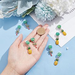 4 пара двухцветных эмалевых сережек-клипс с подвесками в виде кокосовой пальмы и ананаса EJEW-AR0001-08