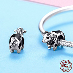 925スターリングシルバーヨーロピアンビーズ  エナメル  大穴ビーズ  牛  アンティークシルバー  10x6mm  穴：4.2~4.5mm&nbsp;STER-FF0009-09AS
