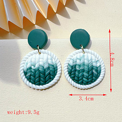 アクリルとポリマークレイのダングルスタッドピアス  平織りの円形  ゴールドカラー  ティール  48x34mm&nbsp;FS-WG68334-01