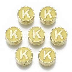 Perles d'émail en alliage, Sans cadmium & sans nickel & sans plomb, plat rond avec initiales, or clair, letter.k, 8x4mm, Trou: 1.5mm