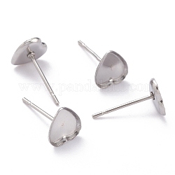 Accessoires des clous d'oreilles en 304 acier inoxydable, cœur, couleur inoxydable, 7x7x1mm, Plateau: 6x5 mm, pin: 0.8 mm